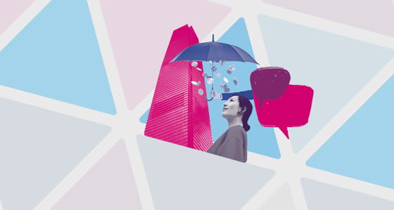 Woman looking at a skyscraper and an umbrella with raining coins