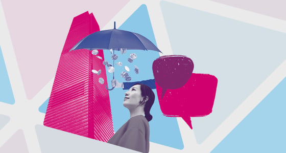 Illustration showing a woman, skyscraper, umbrella with falling coins and speech bubbles