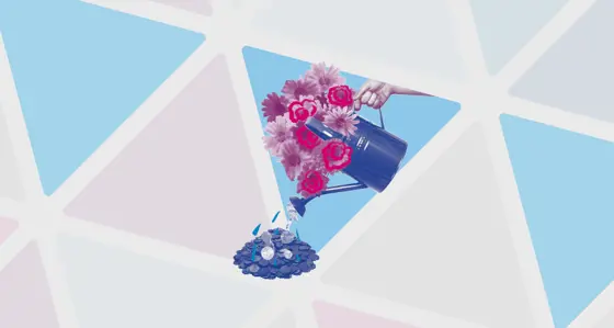 Artwork depicting a watering can with flowers and a pile of coins