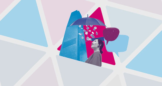 Artwork showing a woman looking at a skyscraper