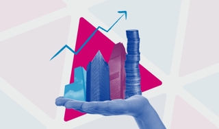 Graph with upwards trend with buildings and coins