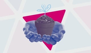 Cupped hands holding a plat pot with seedling in pile of coins