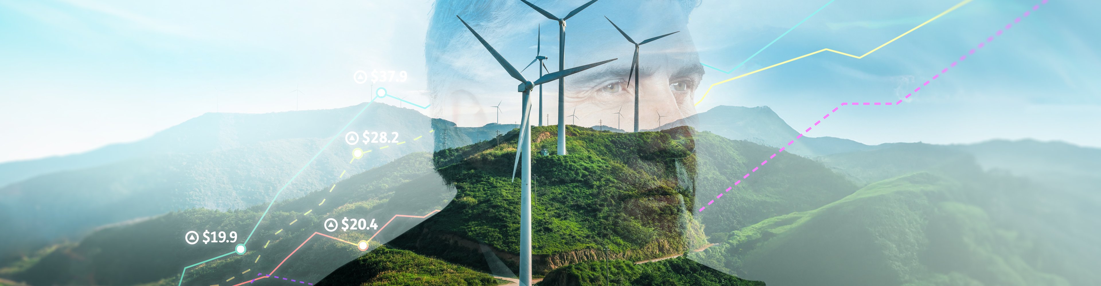 Man's head with overlaid windfarm image