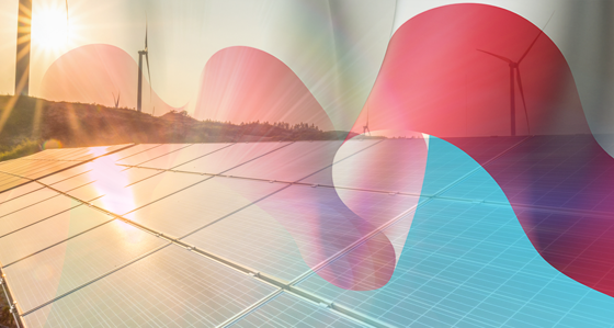 Solar panels and wind turbines with a graphics overlay