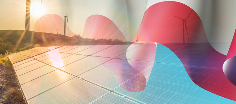 Solar panels and wind turbines with a graphics overlay