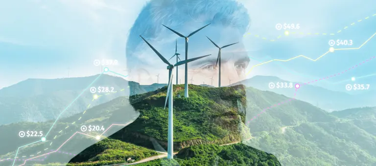 A man's head and index prices superimposed over a green hillside with a wind turbine