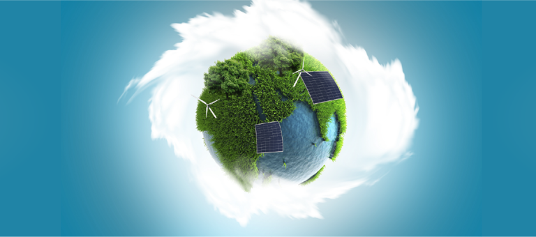 Plant Earth surrounded by clouds on turquoise background