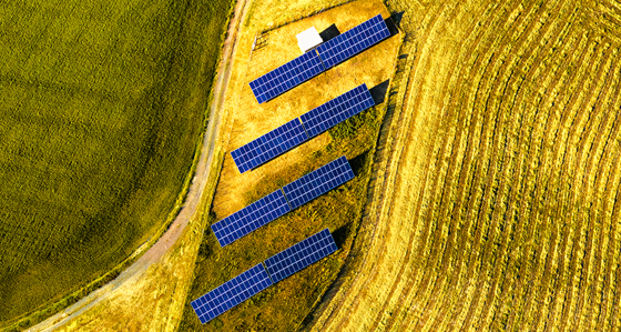An aerial view of a solar panel farm