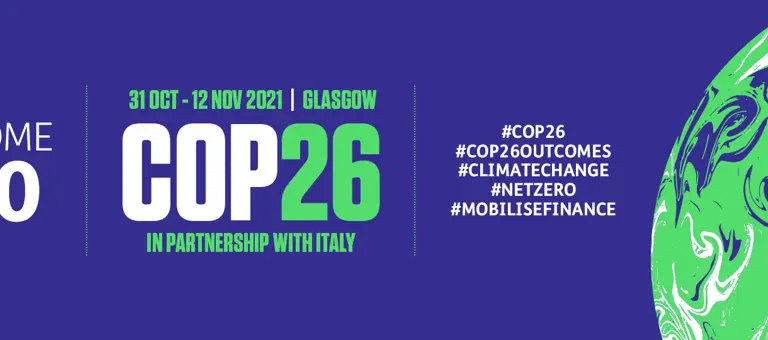 Cop Twenty-Six banner with dates, social media hashtags and outcome hashtag ten slogan