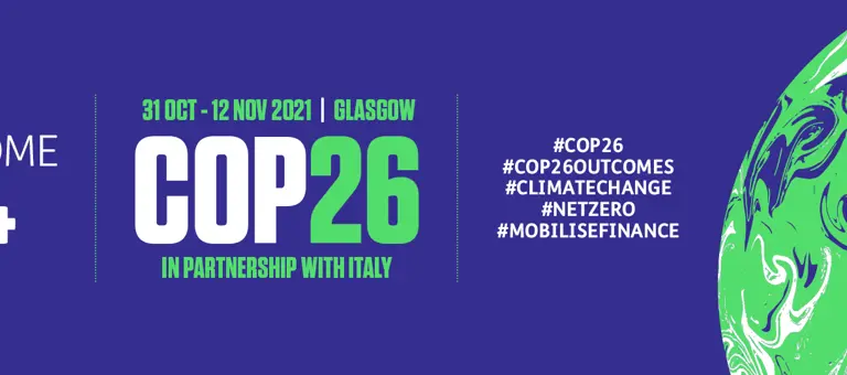 Cop Twenty-Six banner with dates, social media hashtags and outcome hashtag four slogan