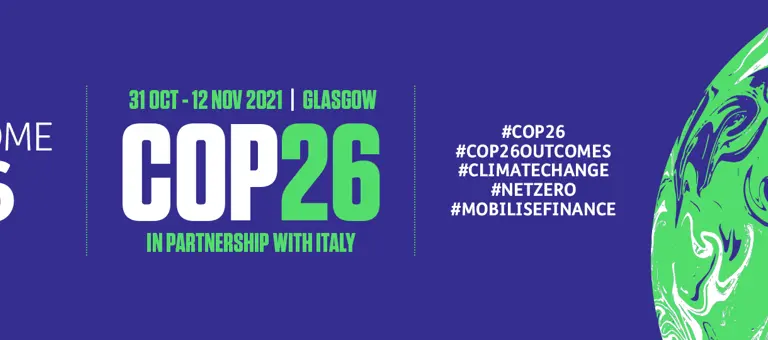 Cop Twenty-Six banner with dates, social media hashtags and outcome hashtag six slogan