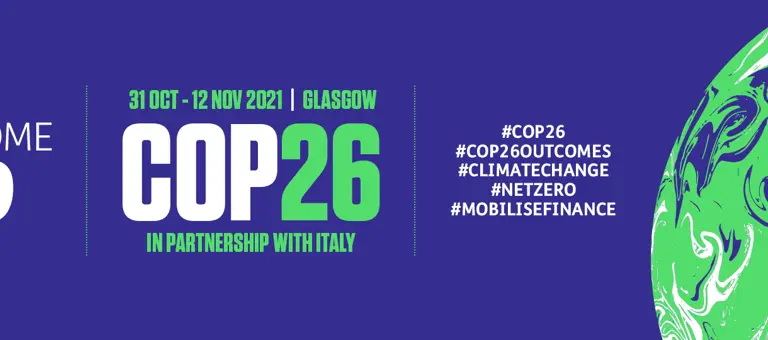 Cop Twenty-Six banner with dates, social media hashtags and outcome hashtag nine slogan