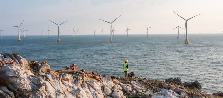 Worker looking across the sea to an offshore wind farm