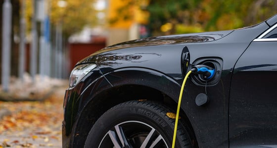 A black electric car charging in a leafy street