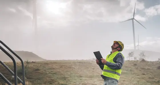 A man with a clipboard looking upwards at a wind turbine