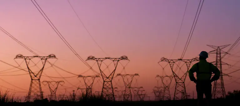 Engineer looking at power lines at dusk
