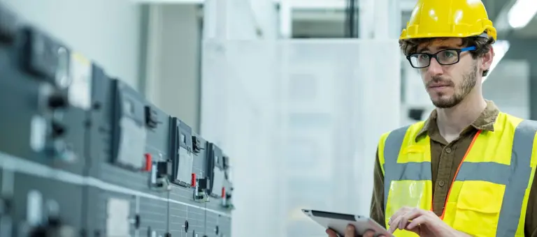 A man with hard hat and glasses holding a tablet while inspecting equipment