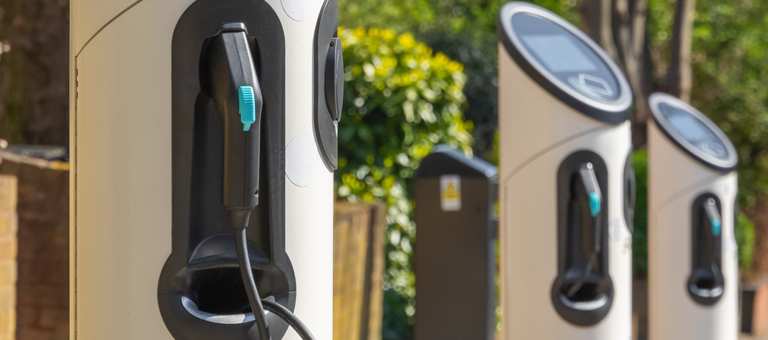 A row of EV charging points in a leafy street