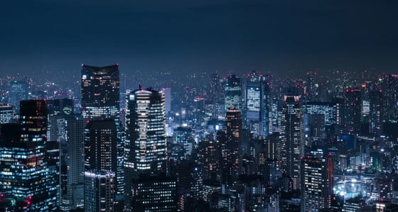 The skyline of a Japanese city at night