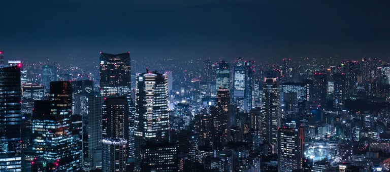 The skyline of a Japanese city at night