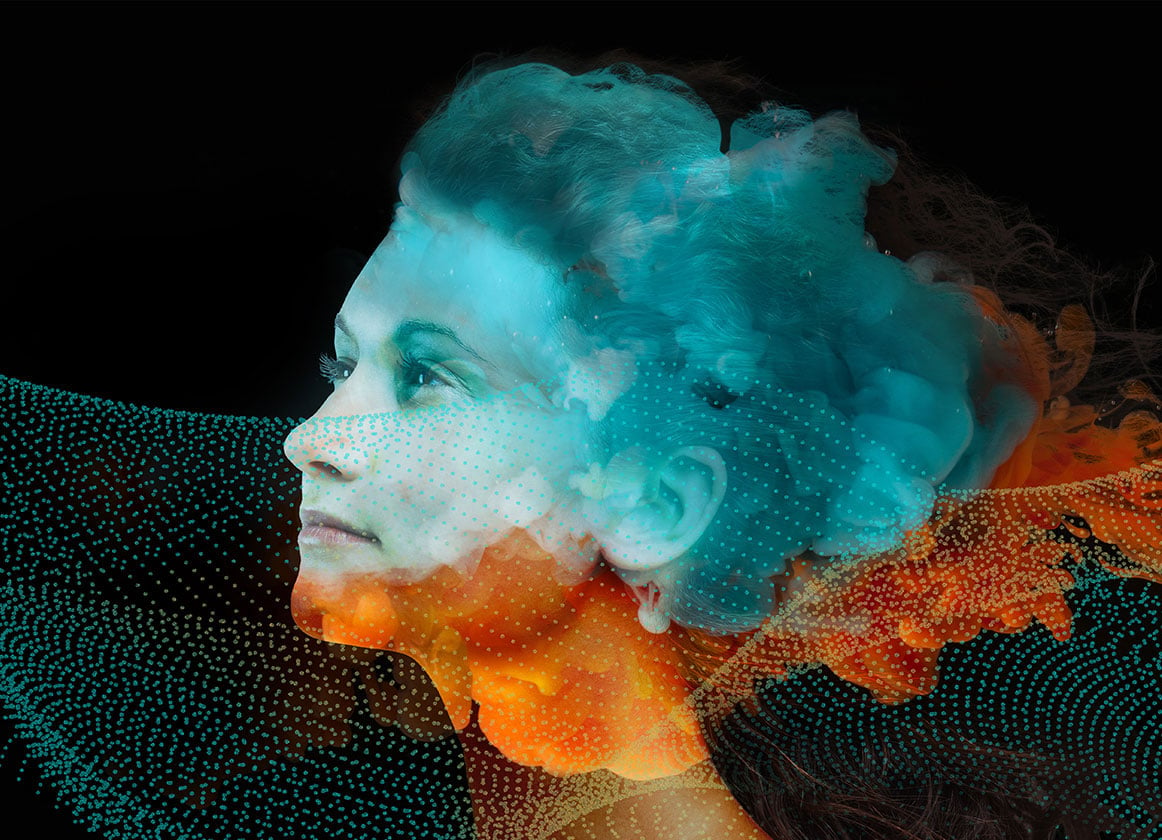 Side profile of a woman's head on a dark background with various graphics and colours superimposed over it.