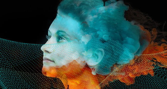 Side profile of a woman's head on a dark background with various graphics and colours superimposed over it.