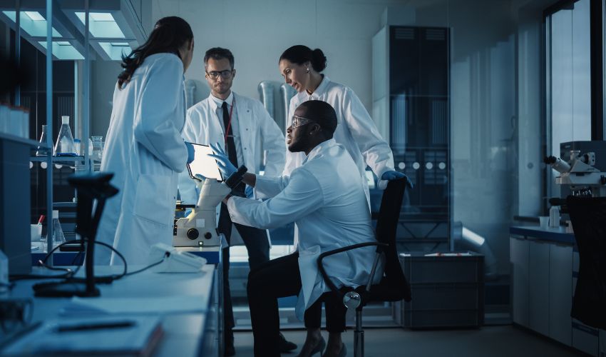Lab workers in a meeting