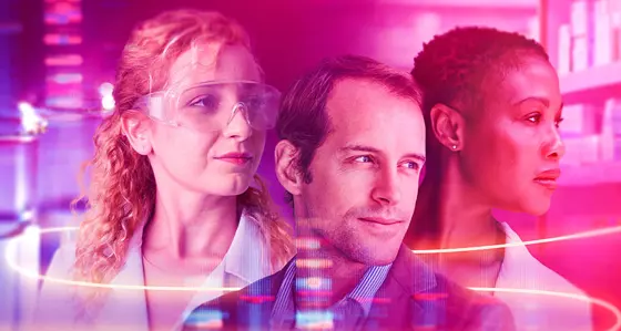 Laboratory scene with test tubes, pipette, and three people.