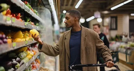 Man Shopping for Fresh Produce in a Supermarket Aisle