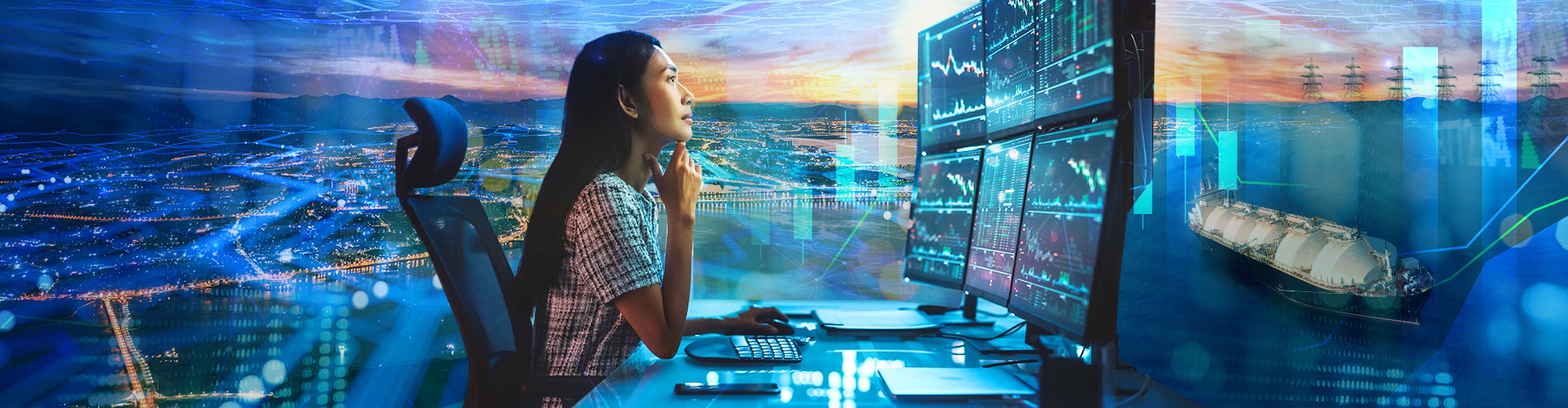 Woman looking at screens