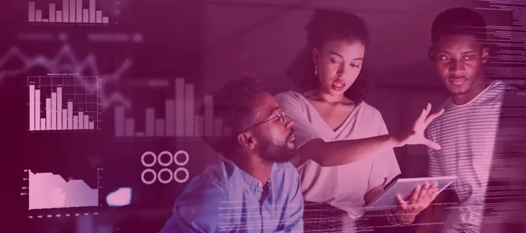 Three people in conversation with digital graphs overlay