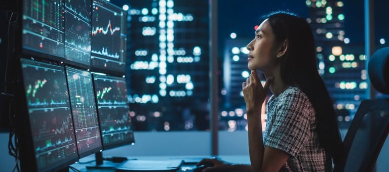 A woman looking at data on multiple screens
