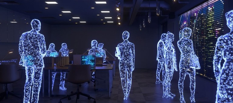 Digital rendering of people in an office
