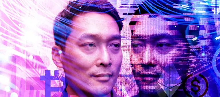 A man's face and its reflection with cryptocurrency icons overlay