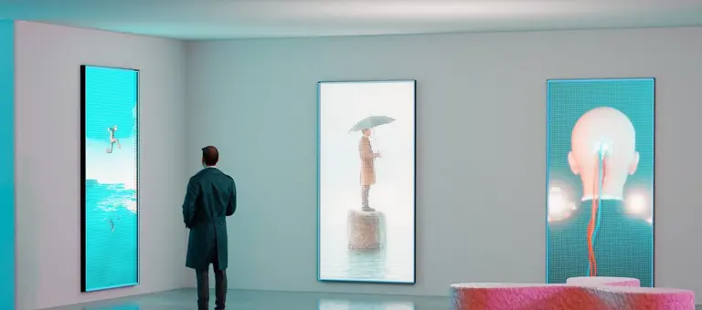 A man looking at images in a NFT Crypto art gallery
