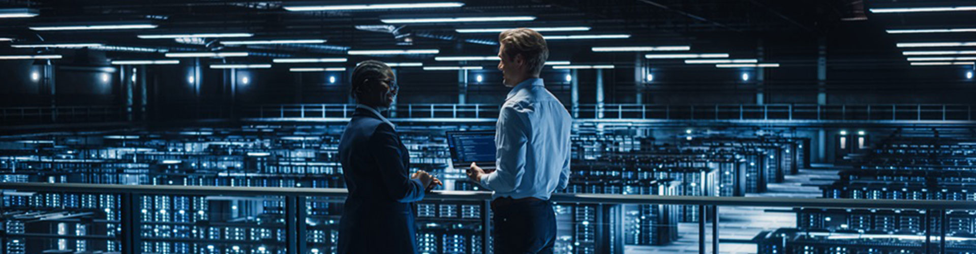 Two people having a conversation in a data centre