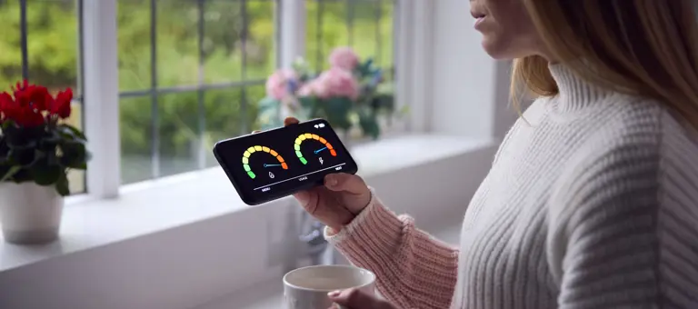 A woman standing in her home looking at a smart meter