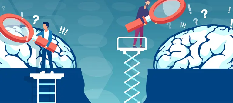 A cartoon of two men looking at different brains through a giant magnifying glass
