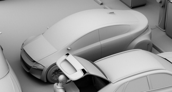 A 3D rendering of a grey car with a man opening its boot