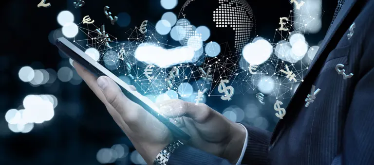 Person holding phone surrounded with currency symbols