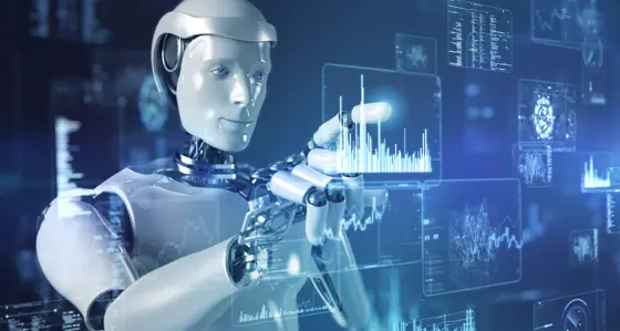 Artificial intelligence robot control futuristic data screen
