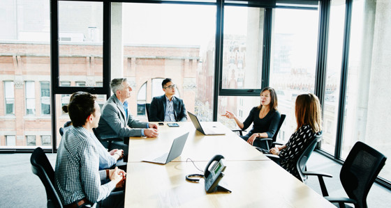 Five professionals having a meeting in an office