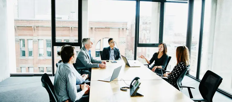 Five professionals having a meeting in an office