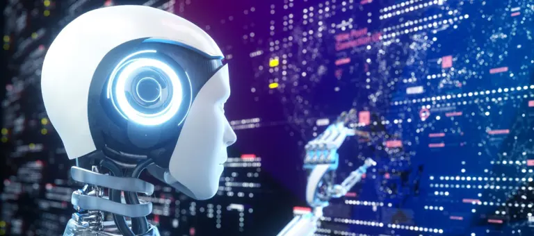 artificial intelligence robot touching projected screens with data against black background