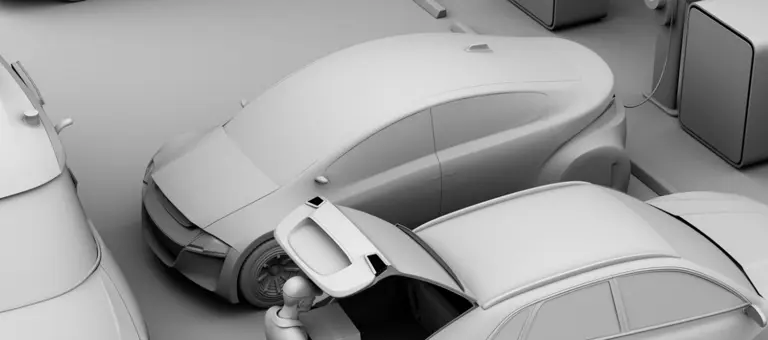 A three D rendering of grey electric cars being charged