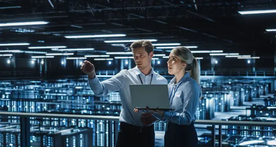 Two colleagues in conversation holding a laptop and standing in a data centre