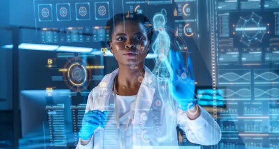 Person standing before futuristic displays showing human anatomy and DNA strands