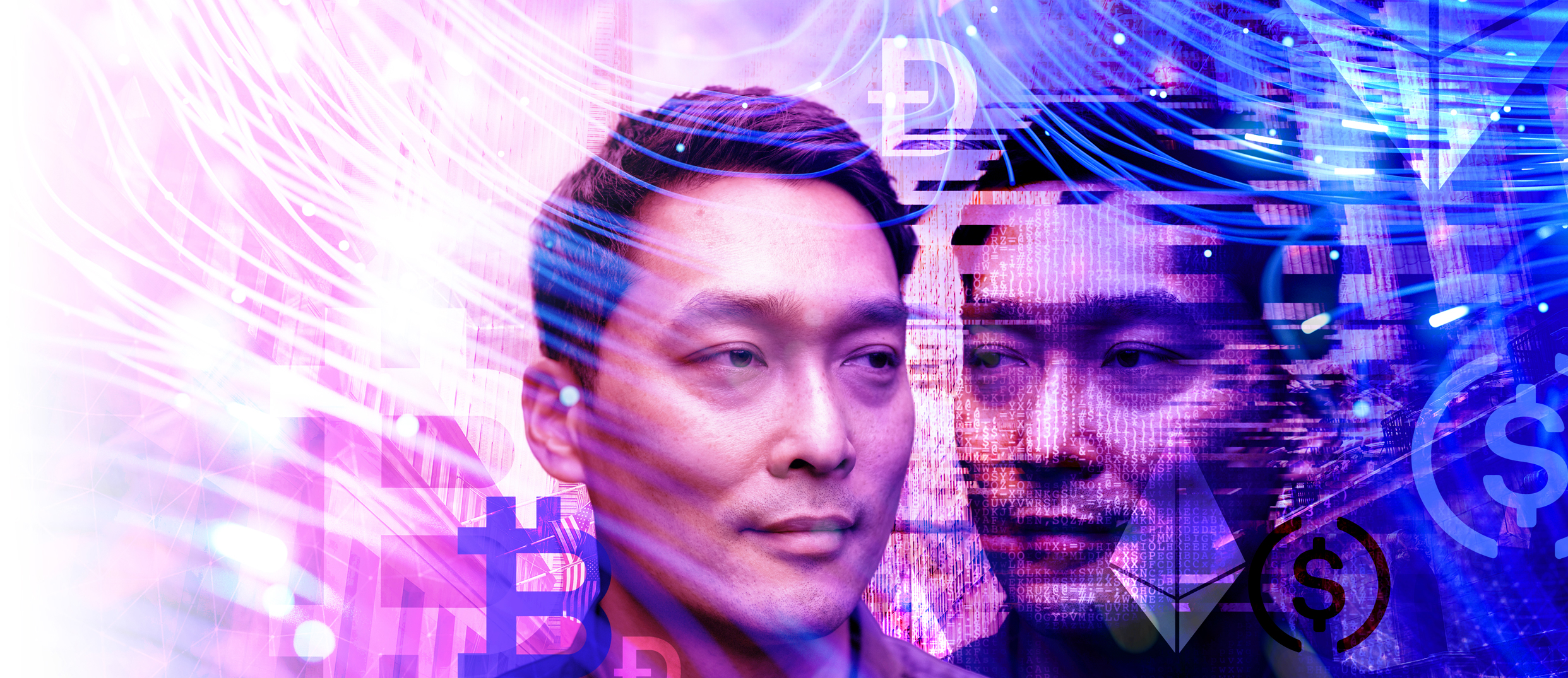 A man's face with its reflection with cryptocurrency icons overlay