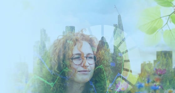 Artwork depicting a woman, skyscrapers, plants and graphs