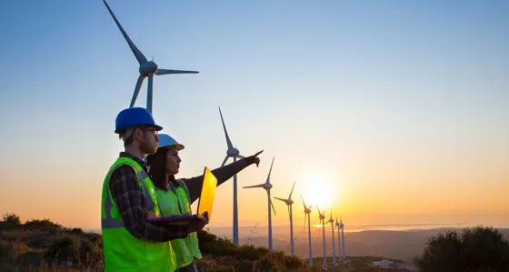 Two engineers with a laptop standing in front of some wind turbines